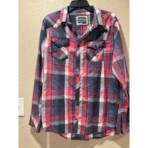 BKE Vintage 1967 Mens Red Navy Blue Plaid Snap Front Western Shirt Large Ripstop